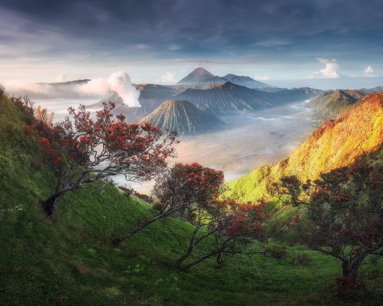 Bình minh trên núi lửa Bromo, Semeru phun khói phía sau, Đông Java, Indonesia